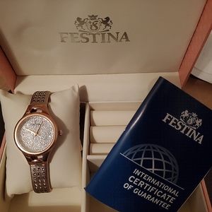 NEW Women's FESTINA Rose Gold Embellished Watch With Leather Strap